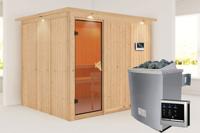 Karibu | Gobin Sauna met Dakkraag | Bronzeglas Deur | Kachel 9 kW Externe Bediening - thumbnail