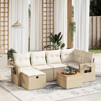 7-delige Loungeset met kussens poly rattan beige - thumbnail