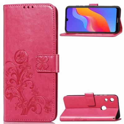 Lucky Clover ingedrukt bloemen patroon lederen case voor Huawei Honor 8A met houder & kaartsleuven & portemonnee & hand strap (Rose rood)