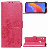 Lucky Clover ingedrukt bloemen patroon lederen case voor Huawei Honor 8A met houder & kaartsleuven & portemonnee & hand strap (Rose rood) - thumbnail