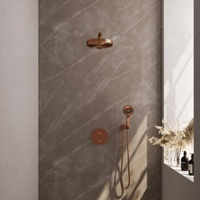Brauer Stripe thermostatische inbouw regendouche 3-weg rond SET 40 met 25 cm douchekop en rechte muurarm en 3-standen handdouche en doucheslang en wandaansluitbocht koper geborsteld PVD