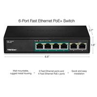 TRENDnet TPE-S50 6-Port Fast Ethernet PoE + -switch, 4 x Fast Ethernet PoE + poorten, 2 x Fast Ethernet-poorten, 60 W PoE Budget, Ethernet-netwerkschakelaar, metaal, zwart - thumbnail