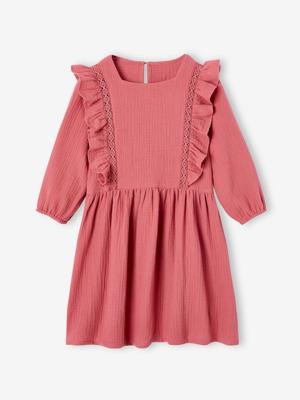 Meisjesjurk met ruches van katoengaas oudroze