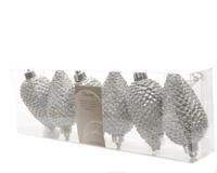 6 Dennenappels plastic glitter hang 8cm zilver KSD - Ksd - thumbnail