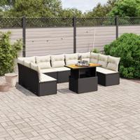 10-delige Loungeset met kussens poly rattan zwart - thumbnail