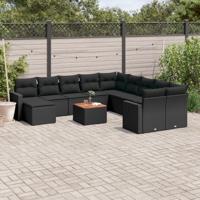 12-delige Loungeset met kussens poly rattan zwart - thumbnail