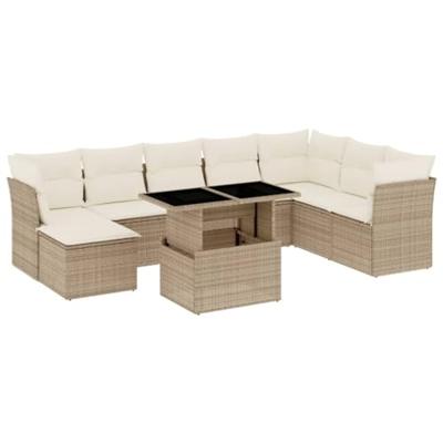 9-delige Loungeset met kussens poly rattan beige