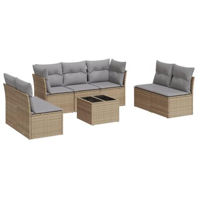 7-delige Loungeset met kussens poly rattan beige - thumbnail