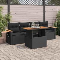 5-delige Loungeset met kussens poly rattan acacia zwart - thumbnail