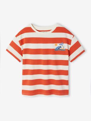 T-shirt jongen met brede strepen en borstmotief sinaasappel