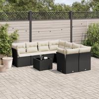 9-delige Loungeset met kussens poly rattan zwart - thumbnail