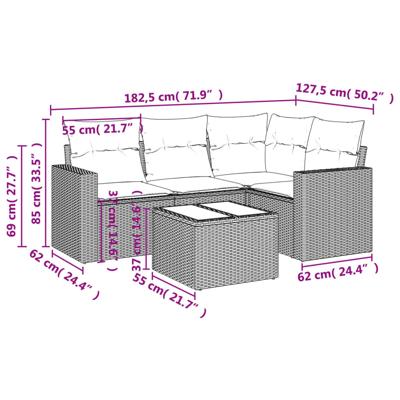 5-delige Loungeset met kussens poly rattan bruin - thumbnail
