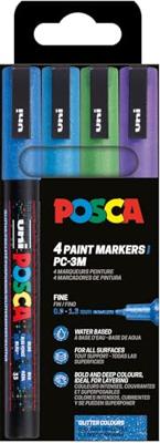 Uni POSCA paintmarker PC-3ML, 1,5 mm, glitter, etui van 4 stuks donkerblauw, lichtblauw, groen en violet Uni POSCA paintmarker PC-3ML, 1,5 mm, glitter, etui van 4 stuks donkerblauw, lichtblauw, groen en violet