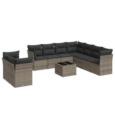 9-delige Loungeset met kussens poly rattan grijs