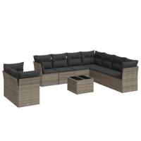 9-delige Loungeset met kussens poly rattan grijs - thumbnail