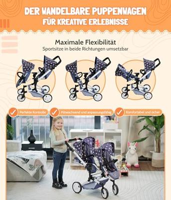 Tweeling Poppenwagen Linus Duo -Melange Antraciet Roze - thumbnail
