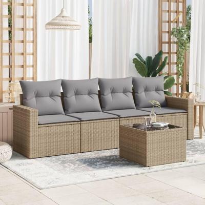 5-delige Loungeset met kussens poly rattan beige - thumbnail
