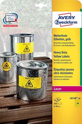 Avery-Zweckform L6128-20 Folie-etiketten Ø 30 mm Polyester folie Geel 960 stuk(s) Permanent hechtend Laser (kleur), Laser (zwart/wit), Kopiëren (kleur), - thumbnail