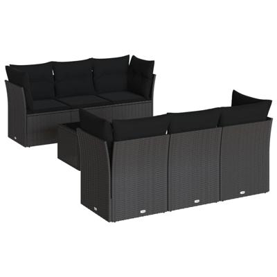 7-delige Loungeset met kussens poly rattan zwart - thumbnail