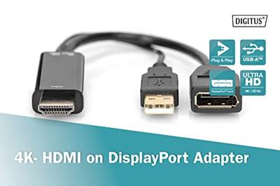 Digitus AK-330101-002-S HDMI-kabel DisplayPort / HDMI / USB Aansluitkabel DisplayPort-bus, HDMI-A-stekker, USB-A stekker 0.2 m Zwart 4K UHD, Afgeschermd Digitus AK-330101-002-S HDMI-kabel DisplayPort / HDMI / USB Aansluitkabel DisplayPort-bus, HDMI-A-stekker, USB-A stekker 0.2 m Zwart 4K UHD, Afgeschermd