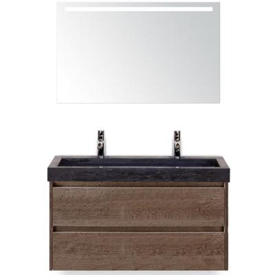 Dante Badmeubelset 100 cm - Tabacco - Wastafel Hardsteen Wit Lucca 2 Kraangaten met Sence Spiegel