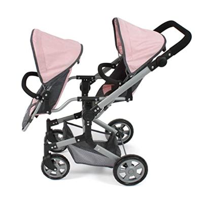 Tweeling Poppenwagen Linus Duo -Melange Antraciet Roze - thumbnail