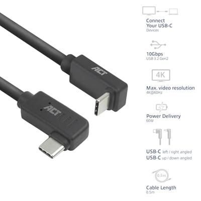 ACT USB 3.0 10Gbps 60W USB Type-C (haaks horizontaal) - USB Type-C (haaks verticaal) 0.5m