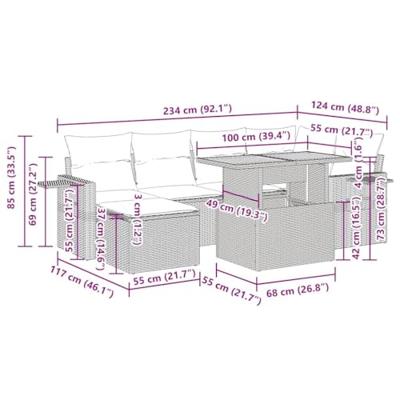7-delige Loungeset met kussens poly rattan zwart