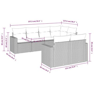 7-delige Loungeset met kussens poly rattan zwart - thumbnail