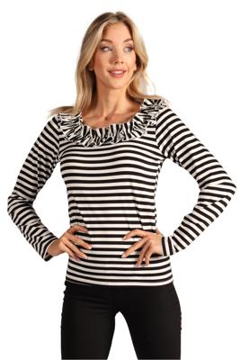 Gestreept damesshirt met ruschekraag zwart wit