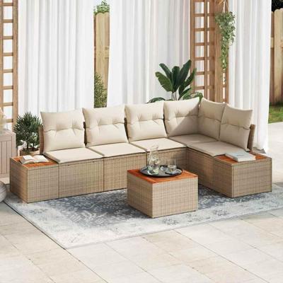 6-delige Tuinbankenset met kussens poly rattan acacia beige