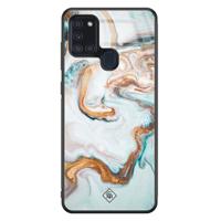 Samsung Galaxy A21s glazen hardcase - Goud blauw marmer - thumbnail