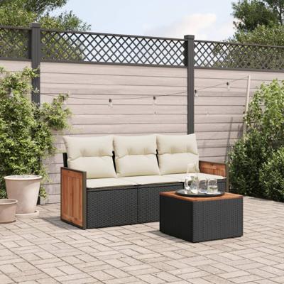 3-delige Loungeset met kussens poly rattan zwart - thumbnail