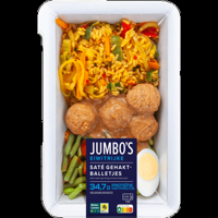 Jumbo&apos;s Sate Gehaktballetjes met Nasi Goreng Zilvervliesrijst Proteinerijk 475 g - thumbnail