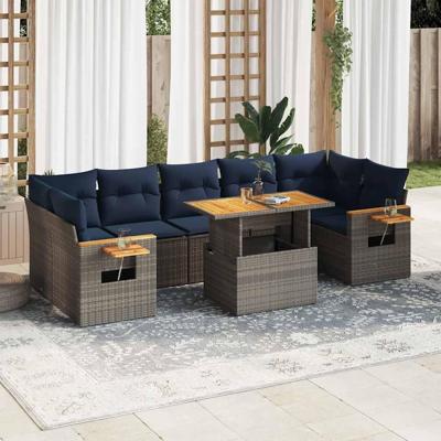 8-delige Loungeset met kussens poly rattan grijs
