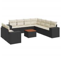 10-delige Loungeset met kussens poly rattan zwart - thumbnail