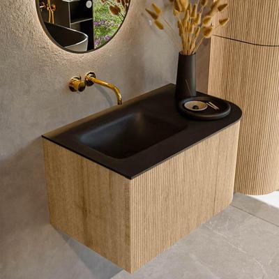 Mondiaz KURVE 75 cm Onderkast Greeploos 1 Lade Met Deuren Oak, Wastafel Solid Surface Links Urban 0 Kraangaten Zonder Spiegel (KRVGRU75R1L1D0KL-Oak/Urb)