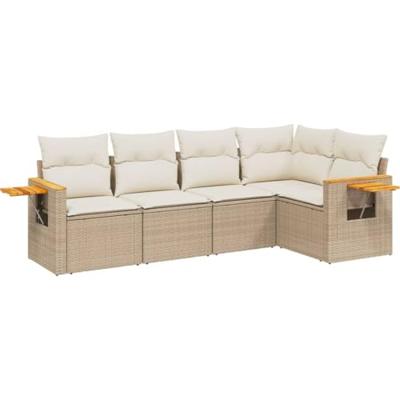 5-delige Loungeset met kussens poly rattan beige
