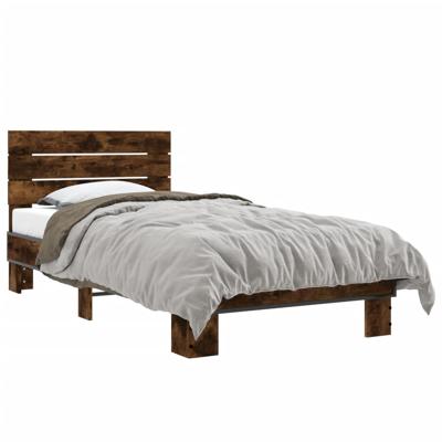 Bedframe bewerkt hout metaal gerookt eikenkleurig 120x200 cm - thumbnail