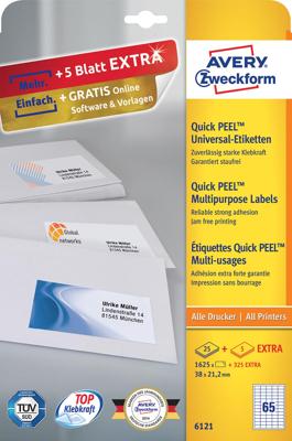 Avery-Zweckform 6121 Universele etiketten 38 x 21.2 mm Papier Wit 1950 stuk(s) Permanent hechtend Inkjet, Laser (zwart/wit), Laser (kleur), Kopiëren