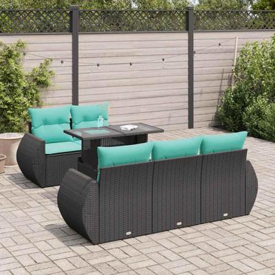 6-delige Loungeset met kussens poly rattan acacia zwart