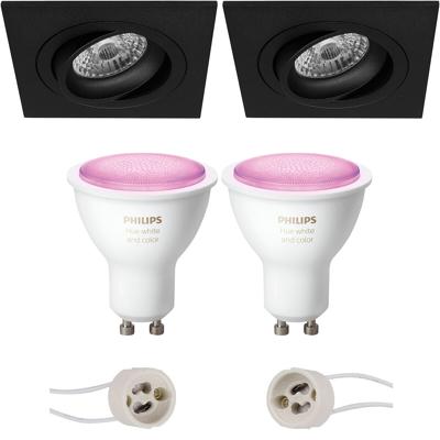 GU10 Inbouwspot Set - Mat Zwart - Inbouw Vierkant - Kantelbaar - Philips Hue - White and Color Ambiance - Bluetooth - Pragmi Borny Pro - 92mm
