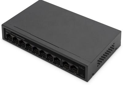 DIGITUS PoE Netwerk Switch - 10-poorts - Gigabit Ethernet - onbeheerd - 8x RJ45 PoE-poorten + 2x RJ45 uplink - 60W PoE budget - CCTV-modus - 10/100/1000 Mbps - zwart