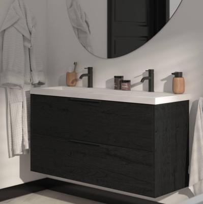 Saqu Lima ondiep badmeubel incl. glans witte wastafel met 2 kraangaten 120x40x64cm eiken zwart - mat zwarte greep