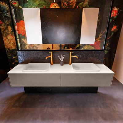 Badkamermeubelset Mondiaz Erin 200 cm met 2 Lades met RIDGE Wastafel Dubbel Linen met 2 kraangaten Greeploos Mat Smoke