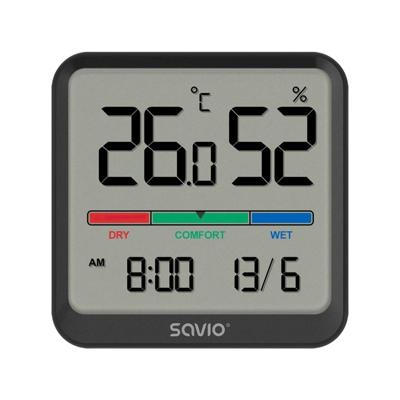 SAVIO Draadloos weerstation, temperatuur- en vochtigheidssensor, voor gebruik binnenshuis, LCD-scherm, klok, datum, handgreep met magneet, CT-01/B Zwart