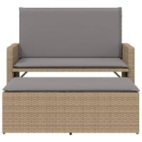 Tuinbank met kussens en voetenbank poly rattan beige - thumbnail