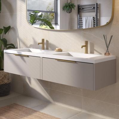 Saqu Lima badmeubel incl. dubbele glans witte wastafel 160x52x34cm mat greige - messing greep