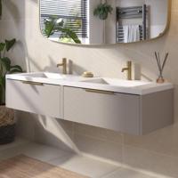 Saqu Lima badmeubel incl. dubbele glans witte wastafel 160x52x34cm mat greige - messing greep - thumbnail