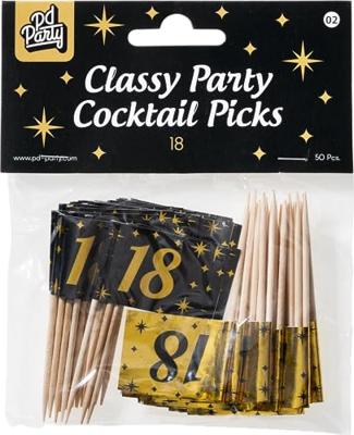 Classy Cocktail Prikkers 18 Jaar Zwart/Goud (50st)